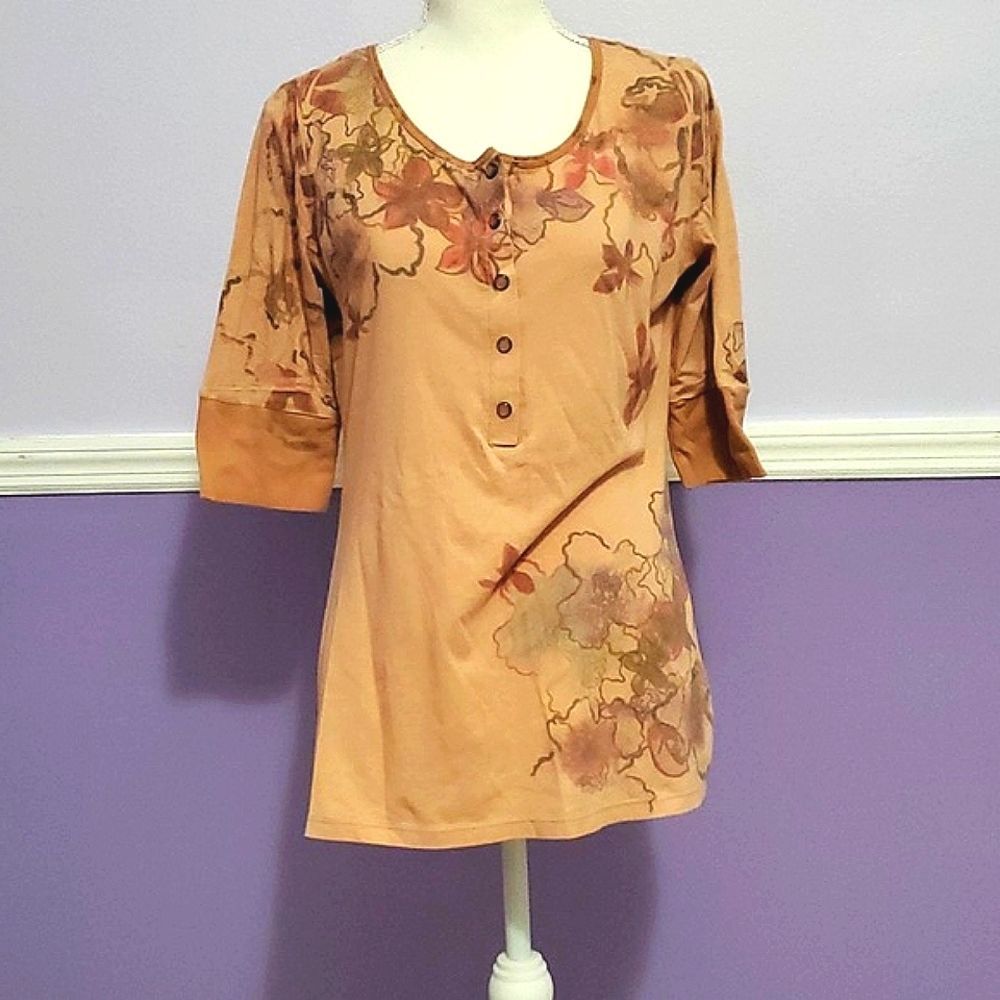 Gypsy Pink Retro 90s Peach Botanical Floral Quarter Buttoned Fitted Knit Top M